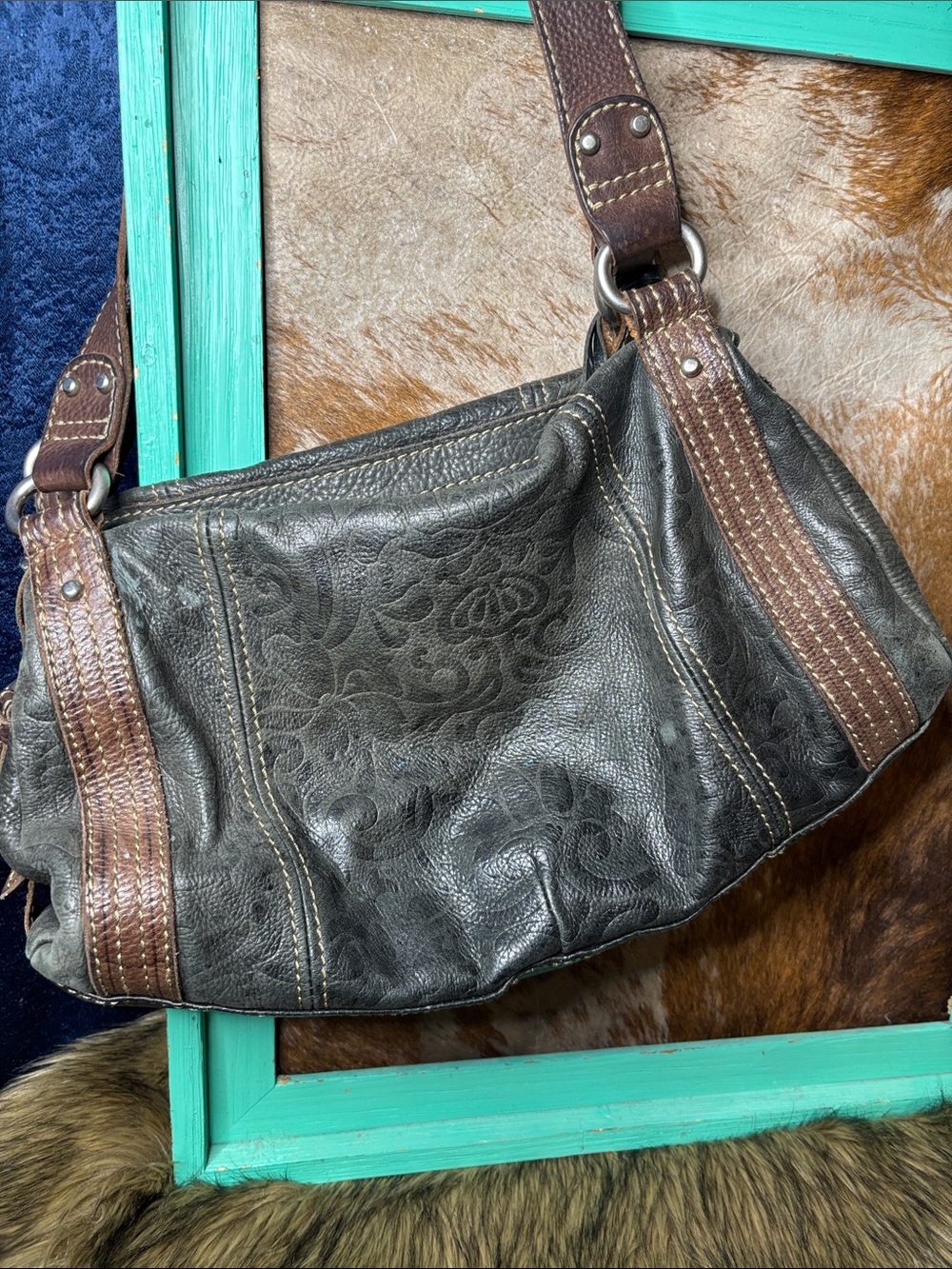 Fossil Embossed Leather Shoulder Bag in Charcoal Gray with Brown Straps